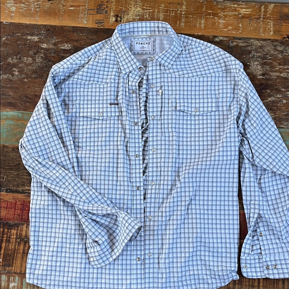 PONCHO Blue and White Plaid Button-Up Shirt